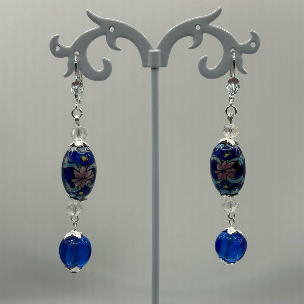 Handmade Vintage Painted Porcelain Blue and Pink Dangle Beaded Earrings